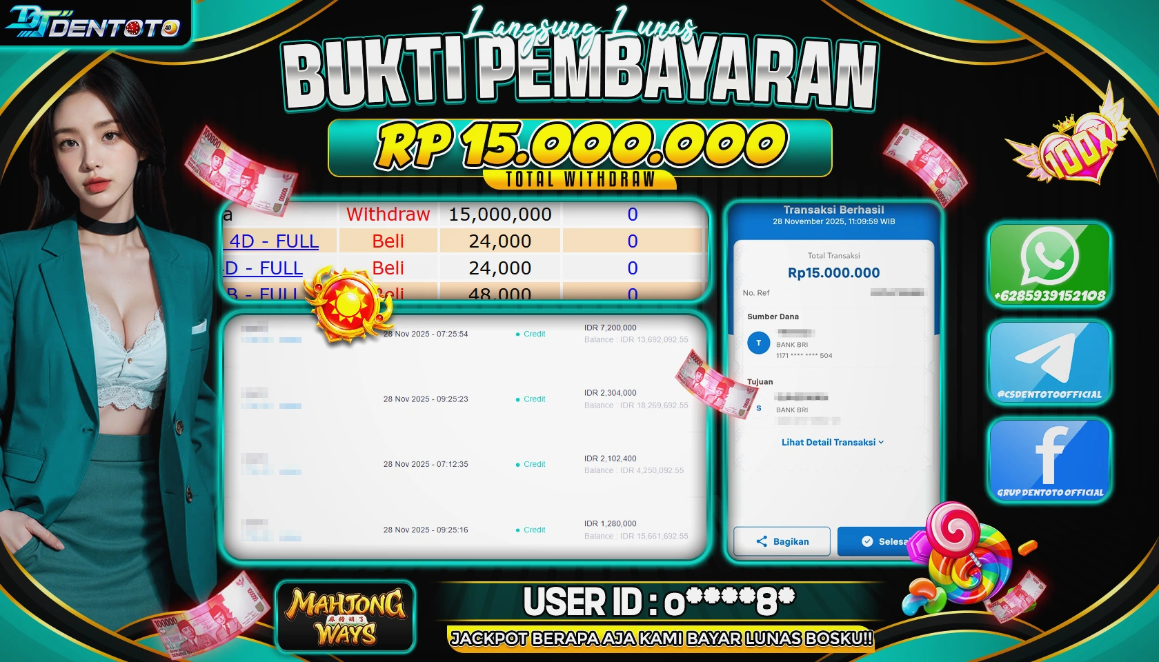 DENTOTO - PG SOFT - MAHJONG WAYS  - RP15.000.000 - LUNAS