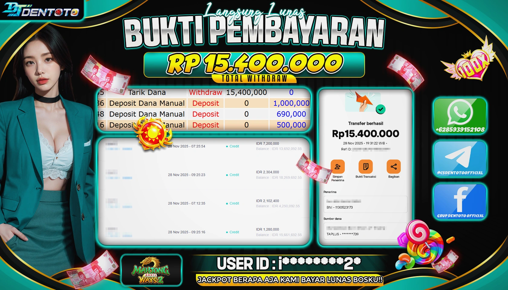 DENTOTO - PG SOFT - MAHJONG WAYS 2  - RP15.400.000 - LUNAS