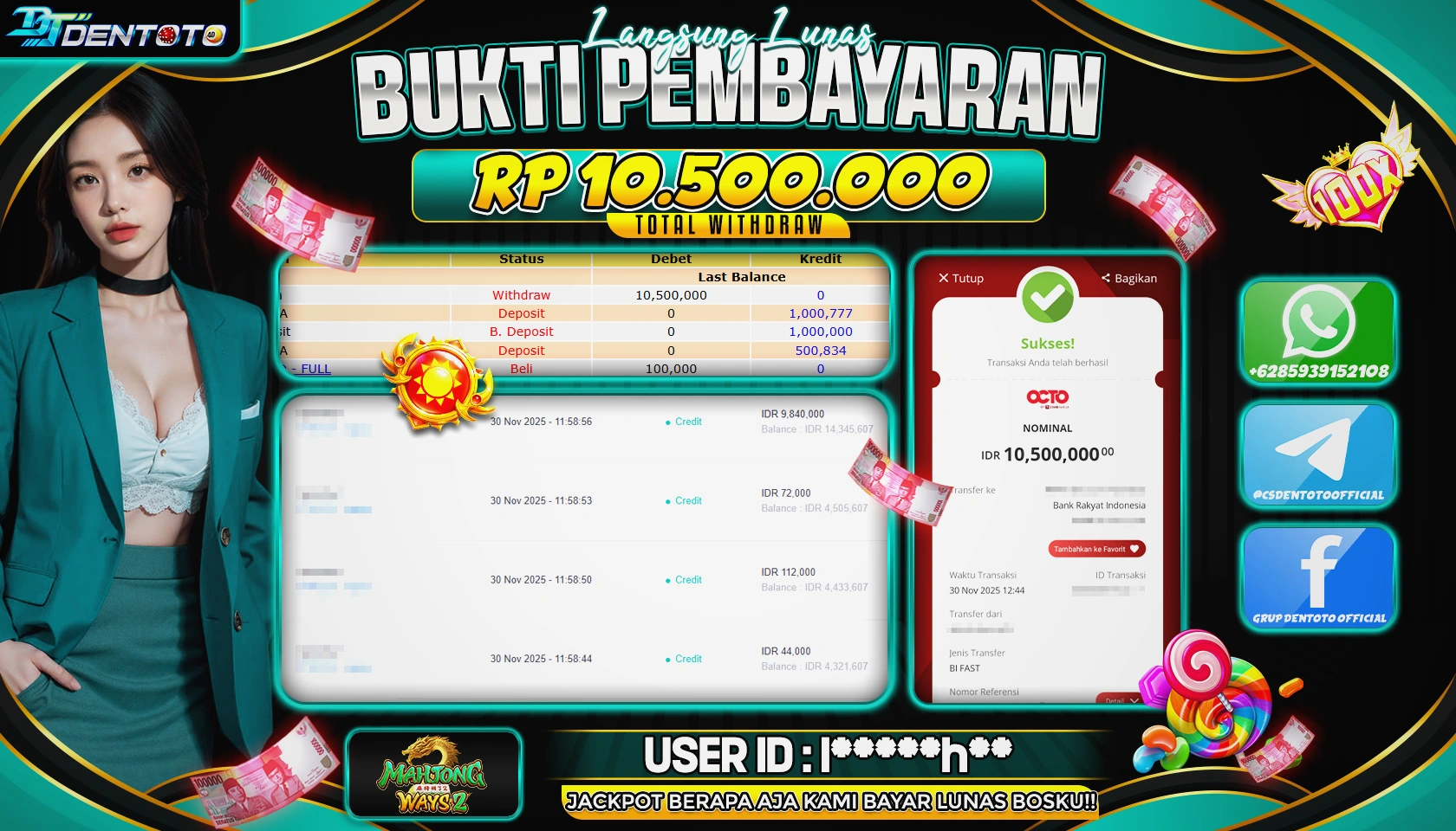 DENTOTO - PG SOFT - MAHJONG WAYS 2   - RP10.500.000 - LUNAS