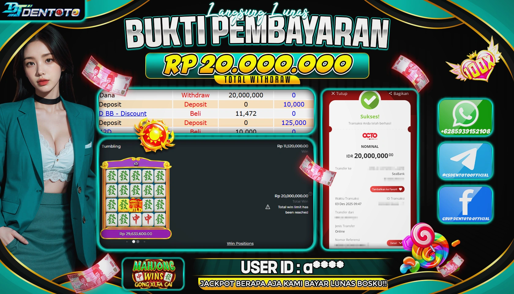 DENTOTO - PRAGMATIC PLAY - MAHJONG WINS GONG XI FA CAI  - RP20.000.000 - LUNAS