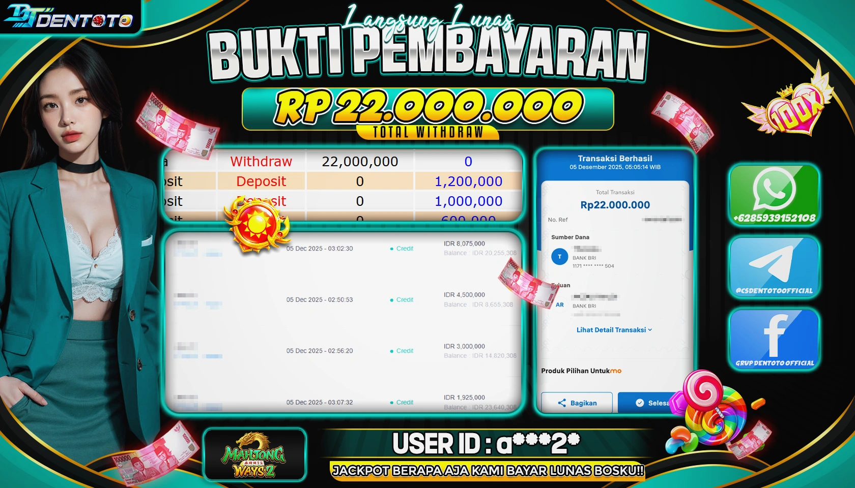 DENTOTO - PG SOFT - MAHJONG WAYS 2 - RP22.000.000 - LUNAS