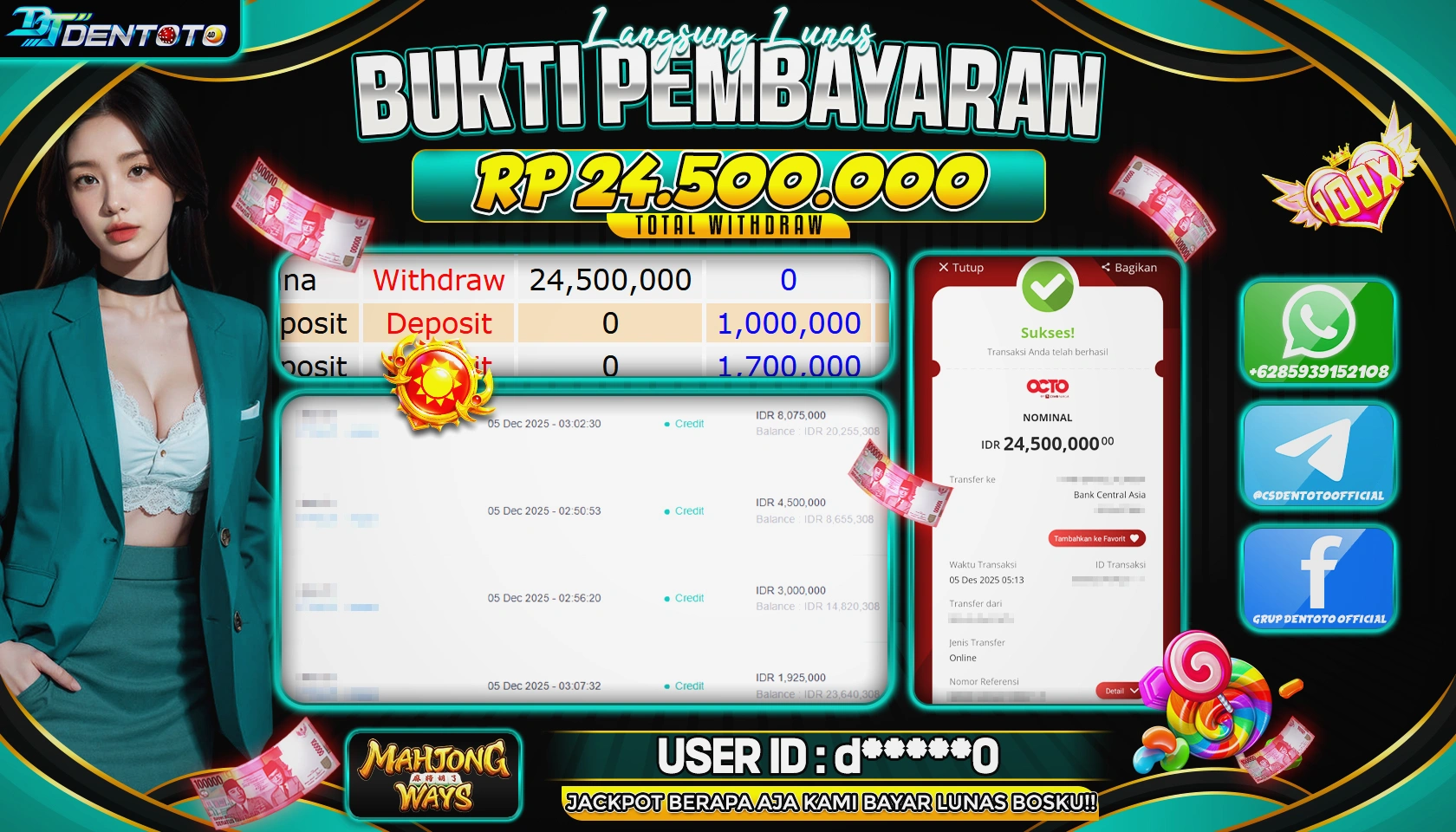 DENTOTO - PG SOFT - MAHJONG WAYS - RP24.500.000 - LUNAS