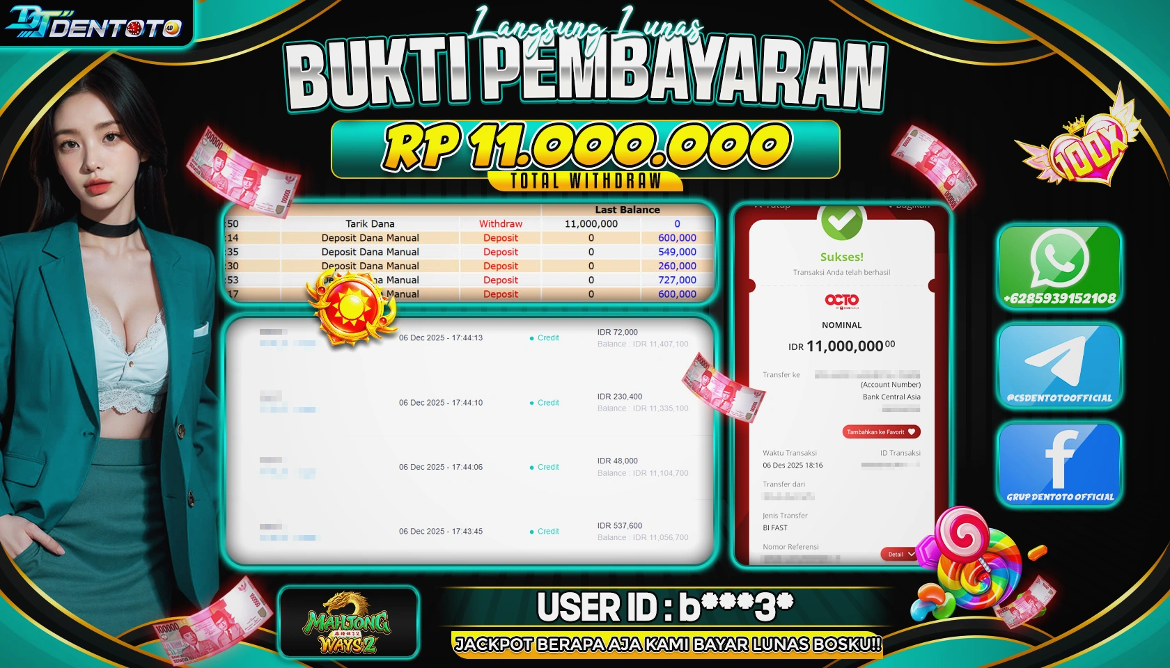 DENTOTO - PG SOFT- Mahjong Ways 2 - RP 11.000.000 - LUNAS