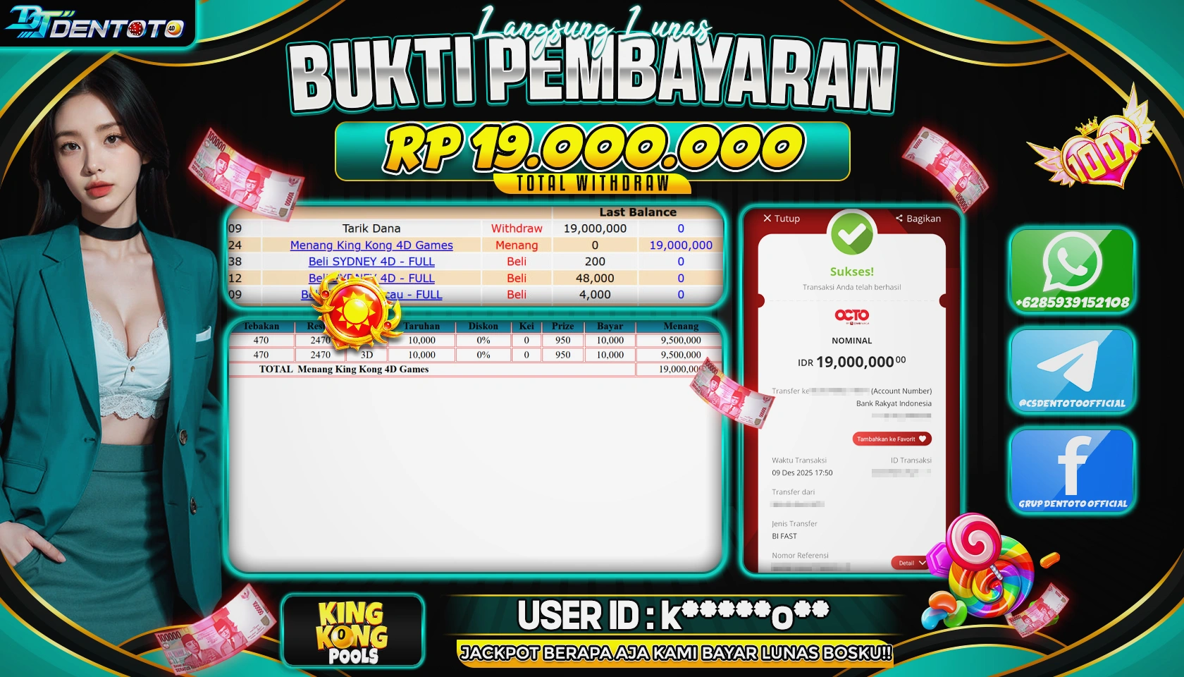 DENTOTO - LIVE GAMES - KINGKONG 4D - RP 19.000.000 - LUNAS