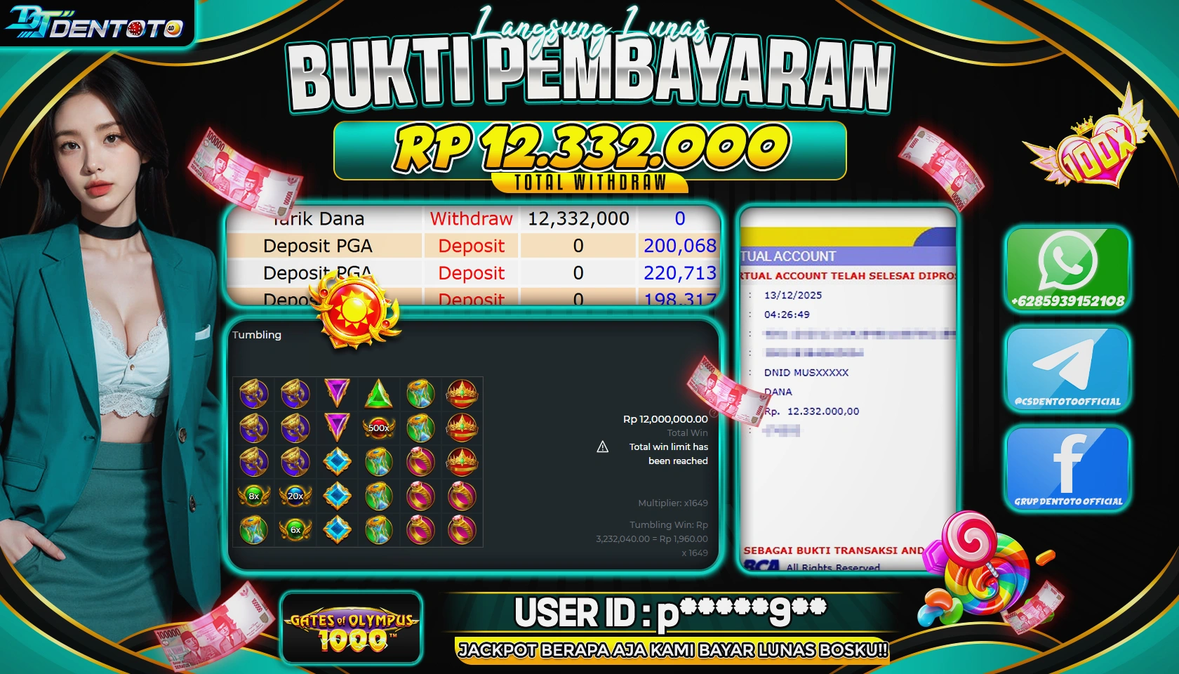 DENTOTO - PRAGMATIC PLAY - Gates Of Olympus 1000  - RP 12.332.000 - LUNAS