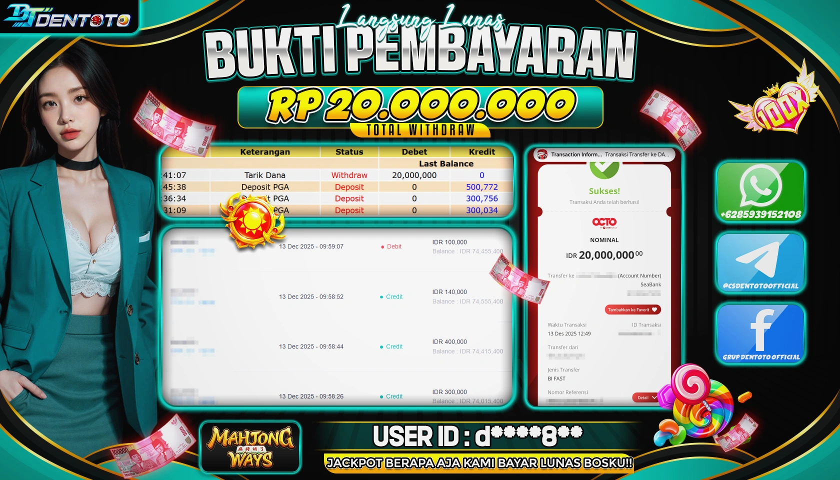 DENTOTO - PG SOFT- Mahjong Ways - RP 20.000.000 - LUNAS