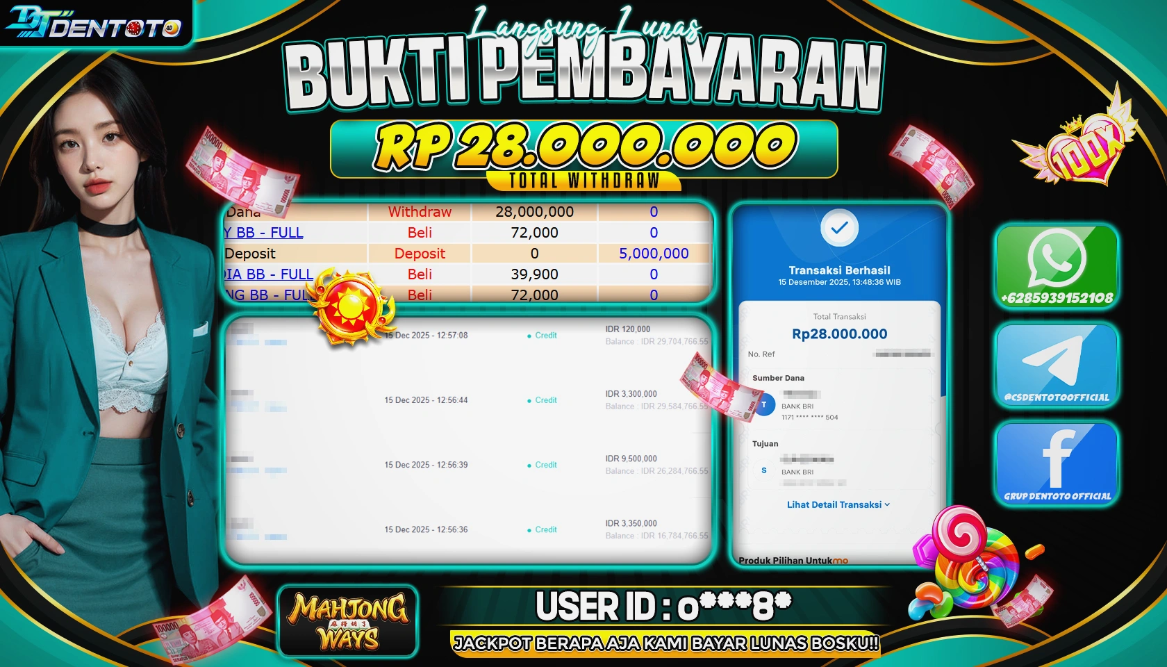 DENTOTO - PG SOFT- Mahjong Ways - RP 28.000.000 - LUNAS