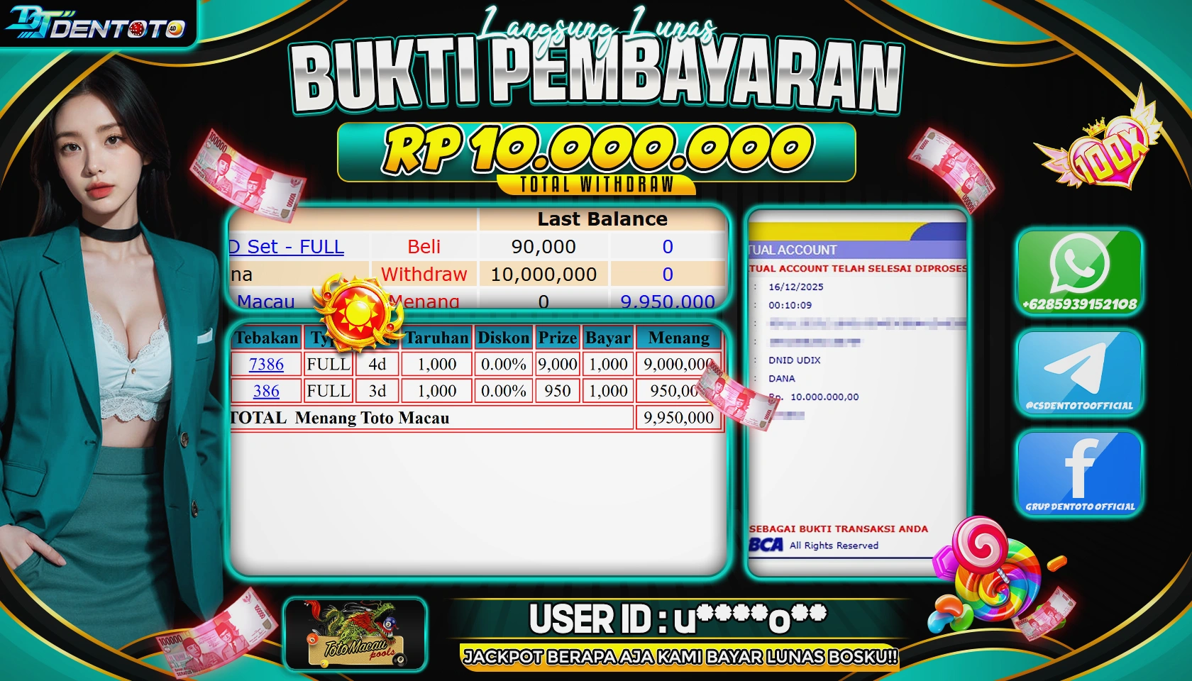 DENTOTO - LIVE GAMES - Toto Macau Pools - RP 10.000.000 - LUNAS