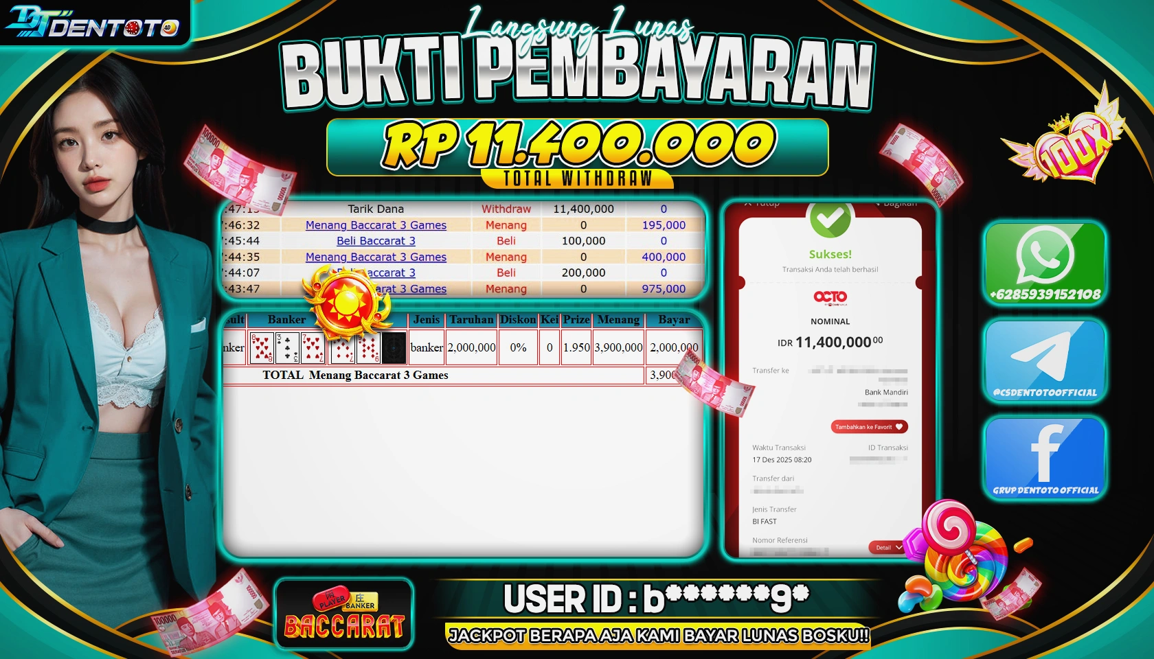 DENTOTO - LIVE GAMES - Baccarat - RP 11.400.000 - LUNAS