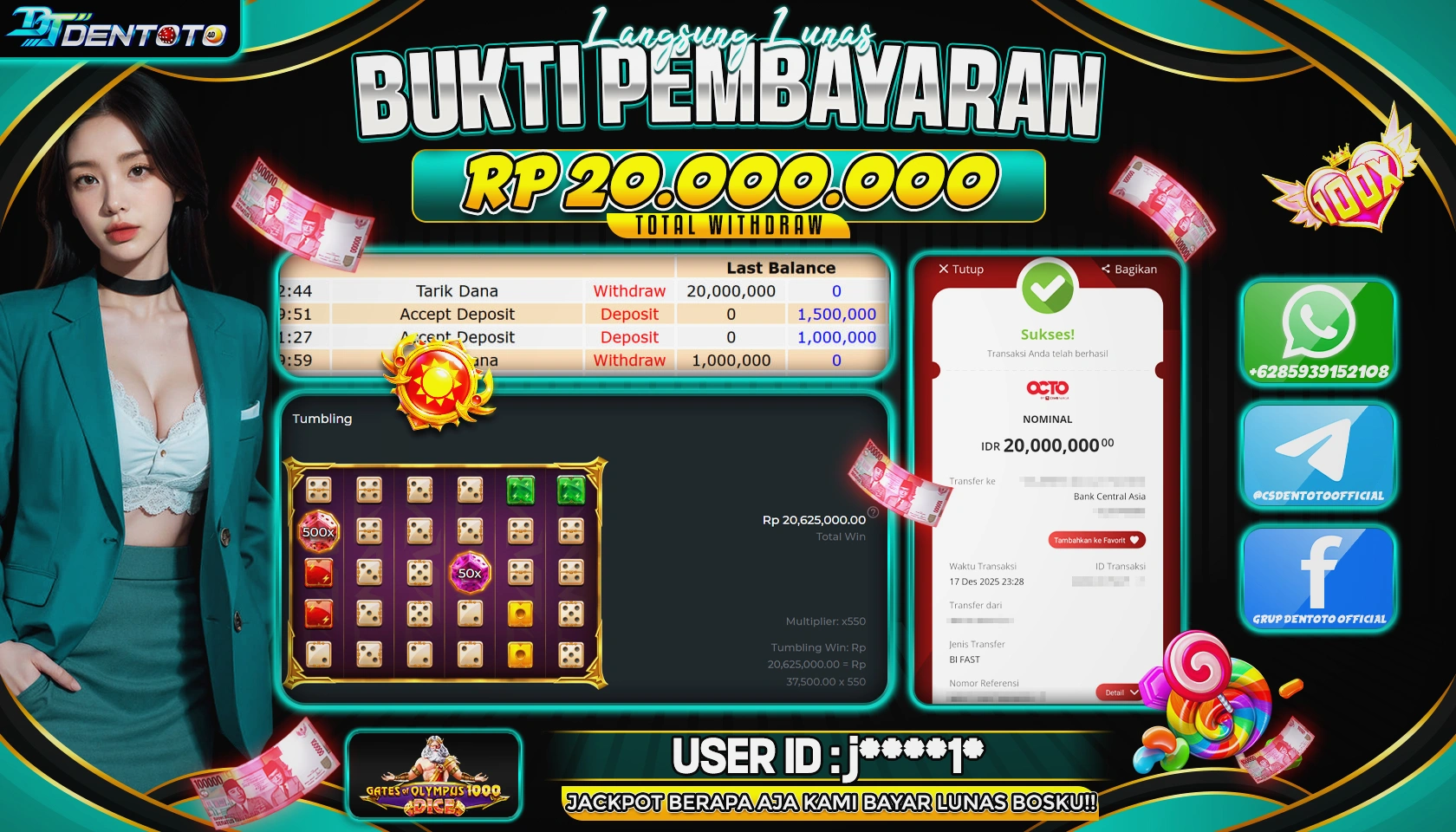 DENTOTO - PRAGMATIC PLAY - Gates Of Olympus 1000 DICE - RP 20.00.000 - LUNAS