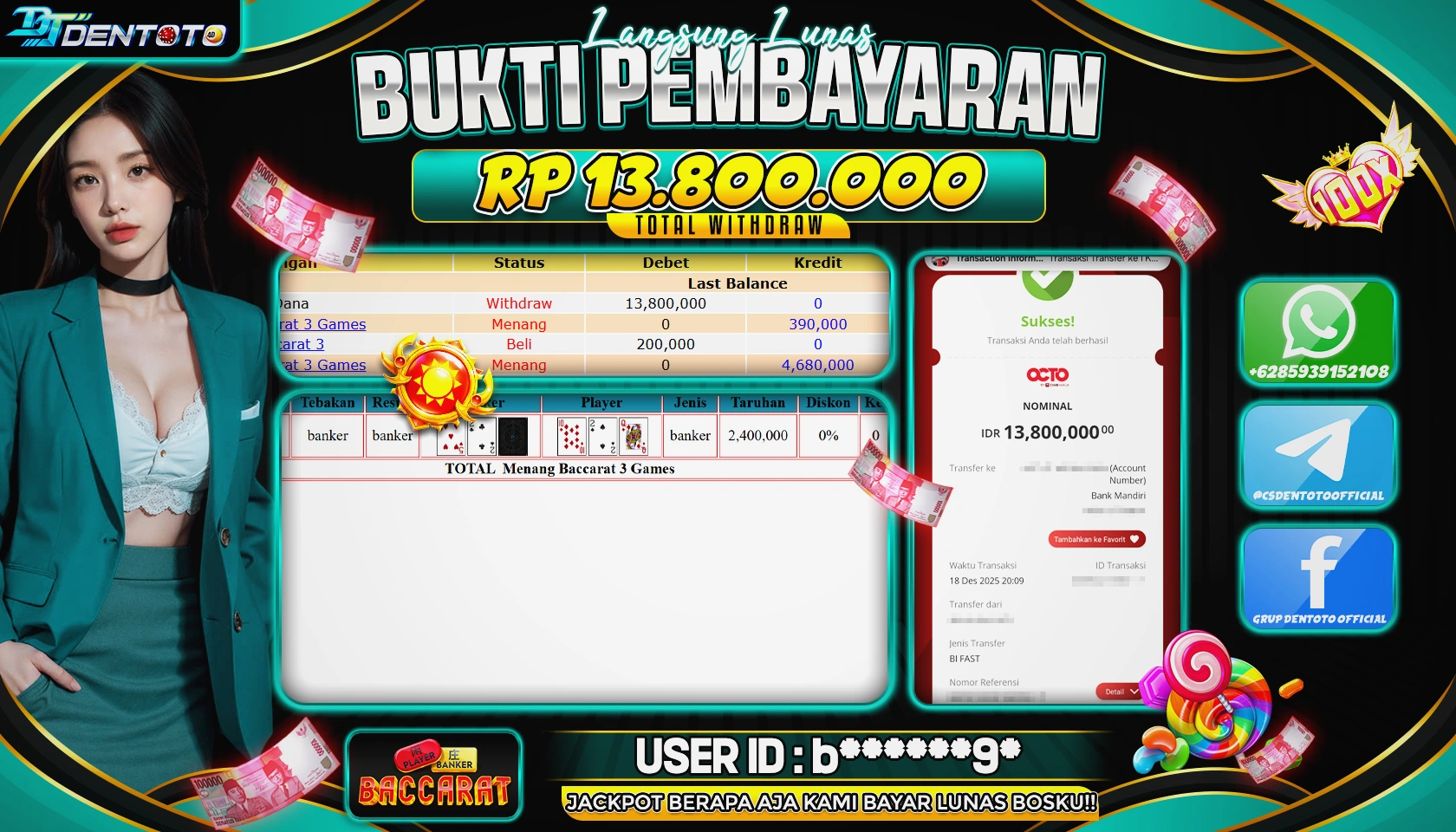 DENTOTO - LIVE GAMES - BACCARAT- RP 13.800.000 - LUNAS