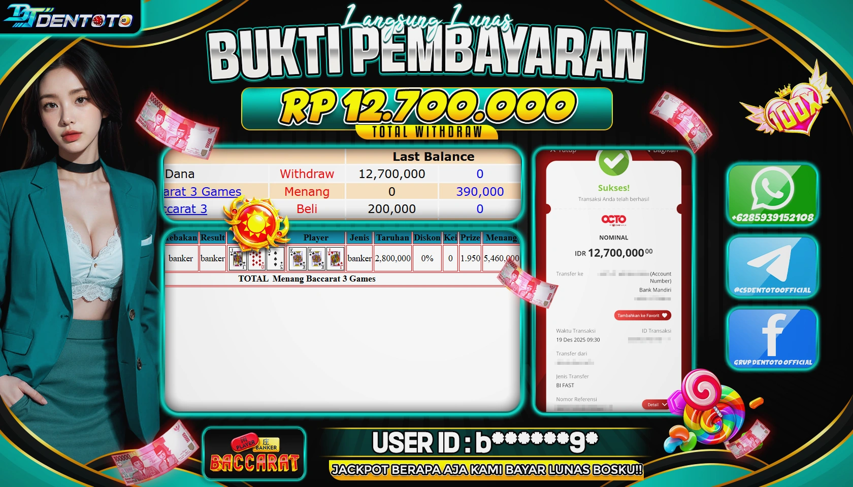 DENTOTO - LIVE GAMES - BACCARAT- RP 12.700.000 - LUNAS