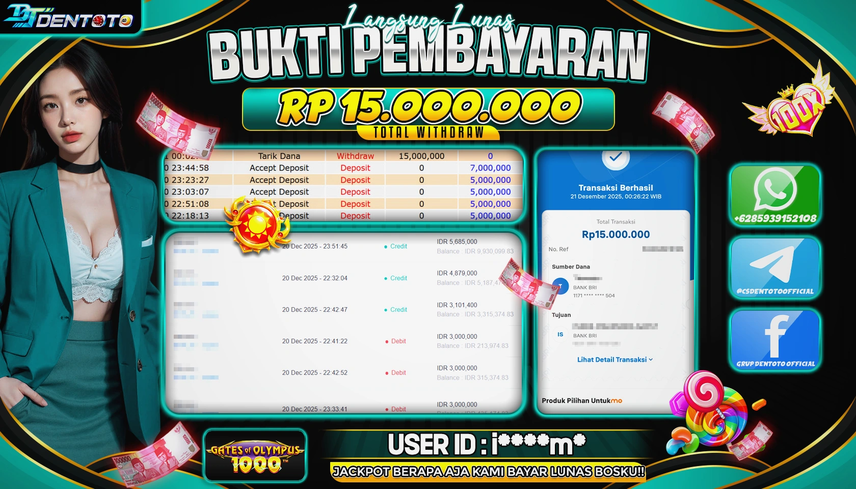 DENTOTO - PRAGMATIC PLAY - Gates Of Olympus 1000 - RP 15.000.000 - LUNAS