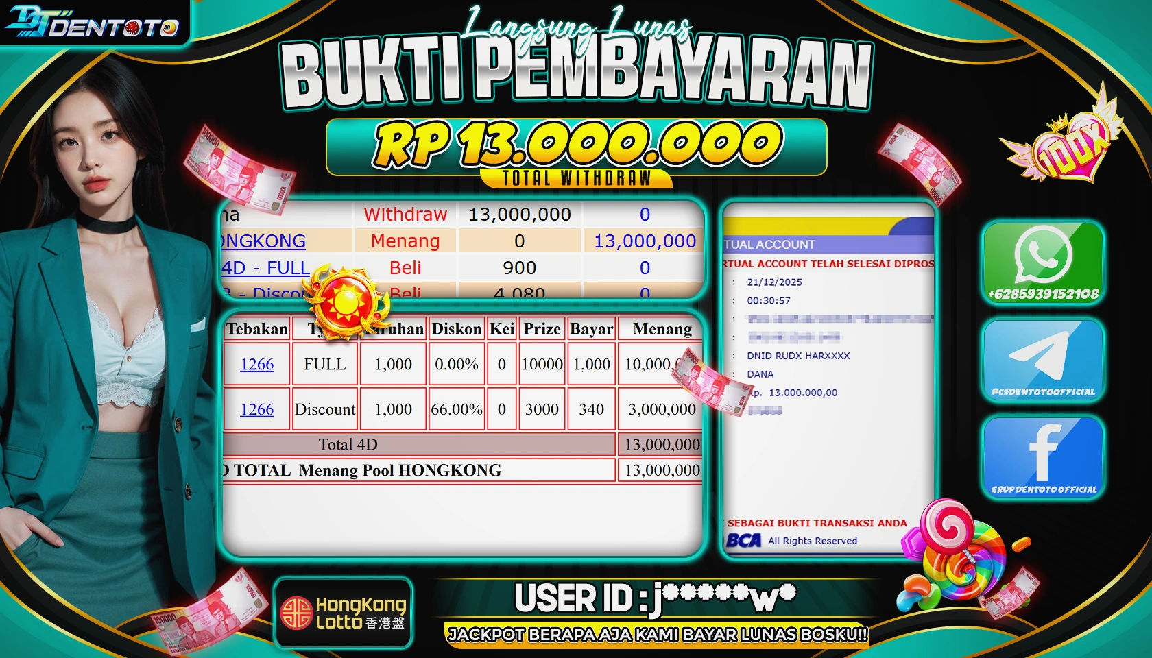 DENTOTO - TOGEL LOTTO - Hongkong Lotto - RP 13.000.000 - LUNAS
