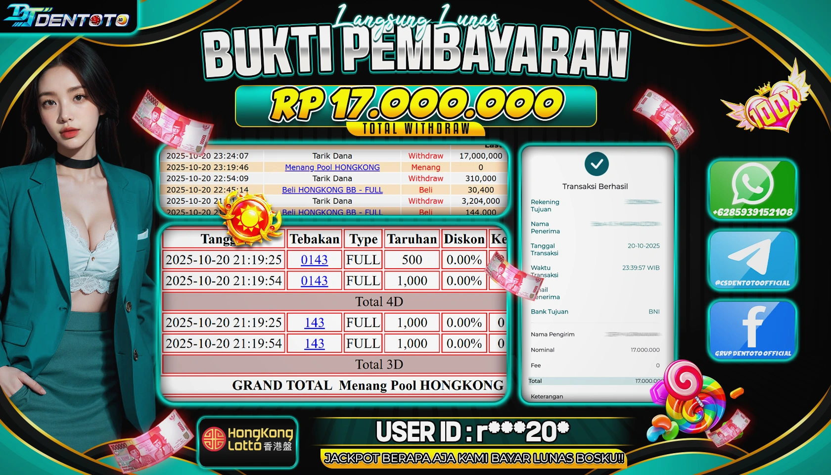 DENTOTO - TOGEL LOTTO -  HONGKONG - RP 17.000.000 - LUNAS