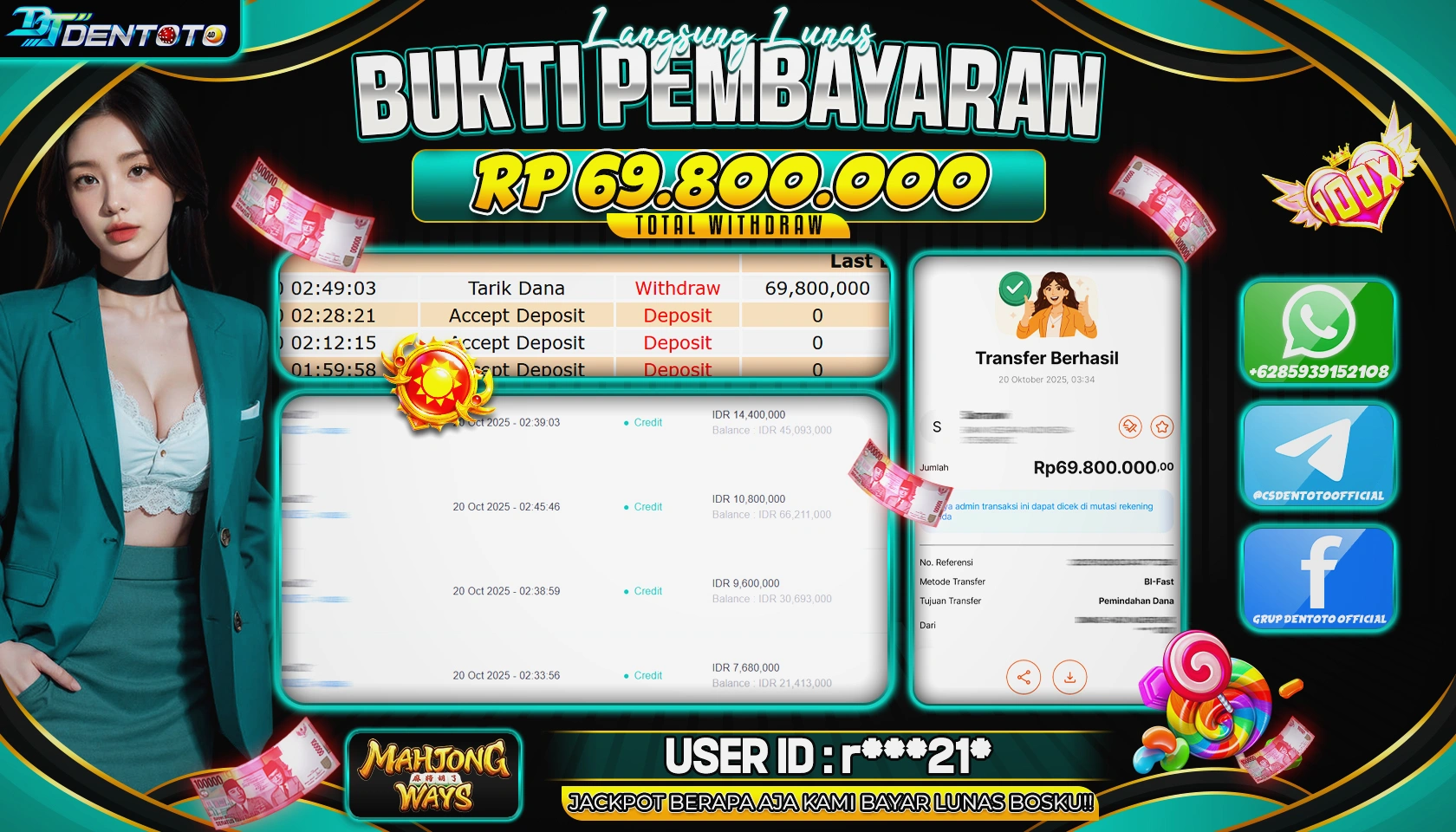 DENTOTO - PG SOFT- MAHJONG WAYS - RP 69.800.000 - LUNAS