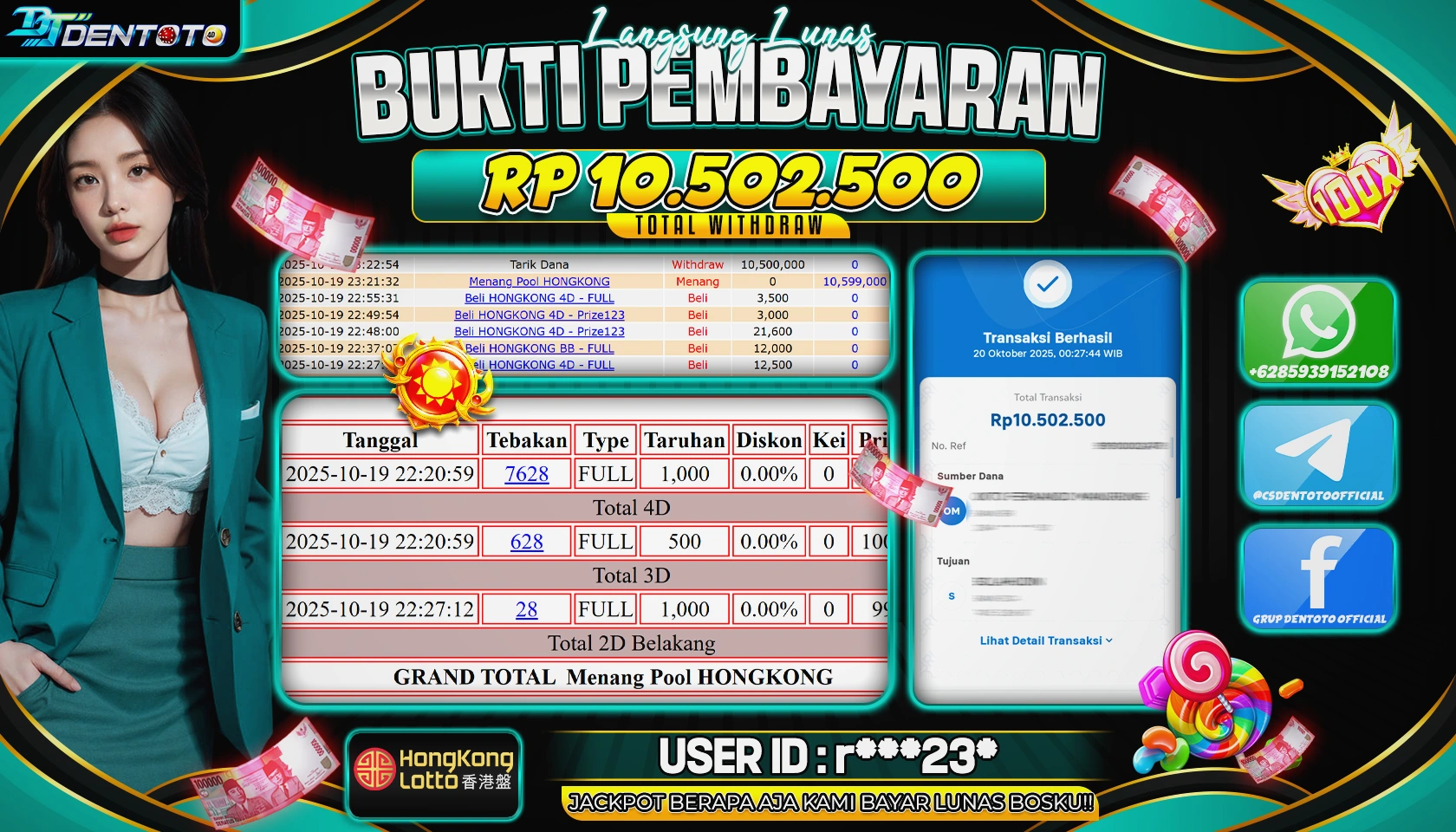 DENTOTO - TOGEL LOTTO -  HONGKONG - RP 10.500.000 - LUNAS