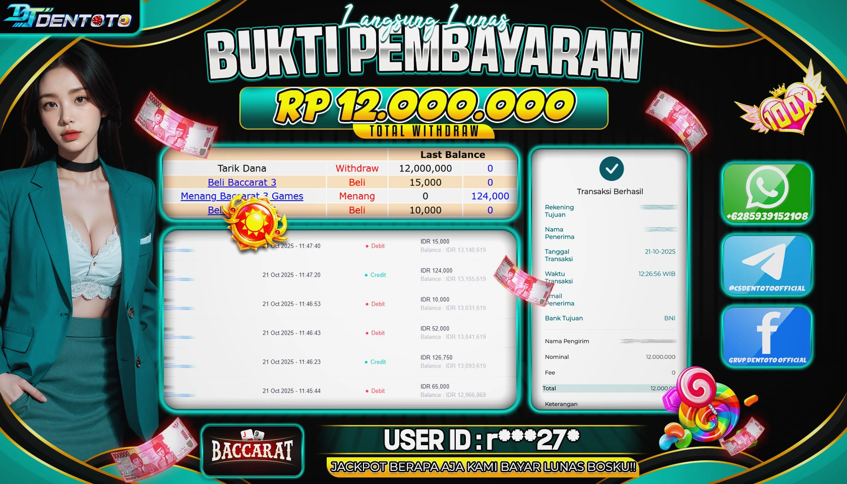 DENTOTO - LIVE GAMES - BACCARAT - RP 12.000.000 - LUNAS