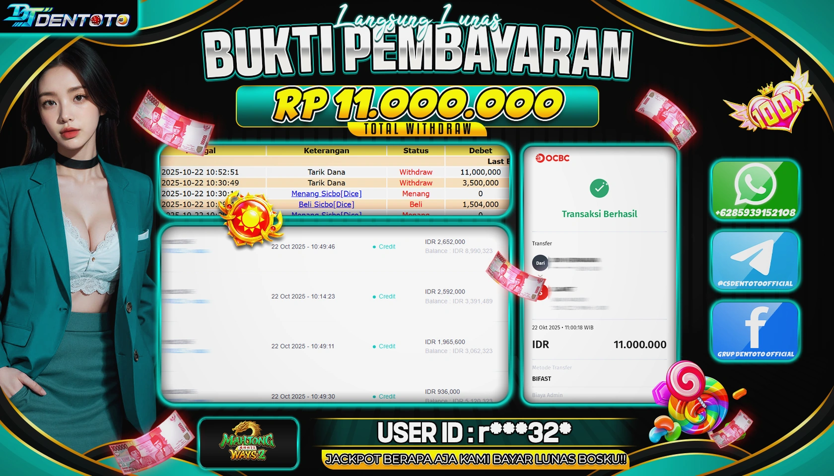 DENTOTO - PG SOFT - MAHJONG WAYS 2 - RP 11.000.000 - LUNAS