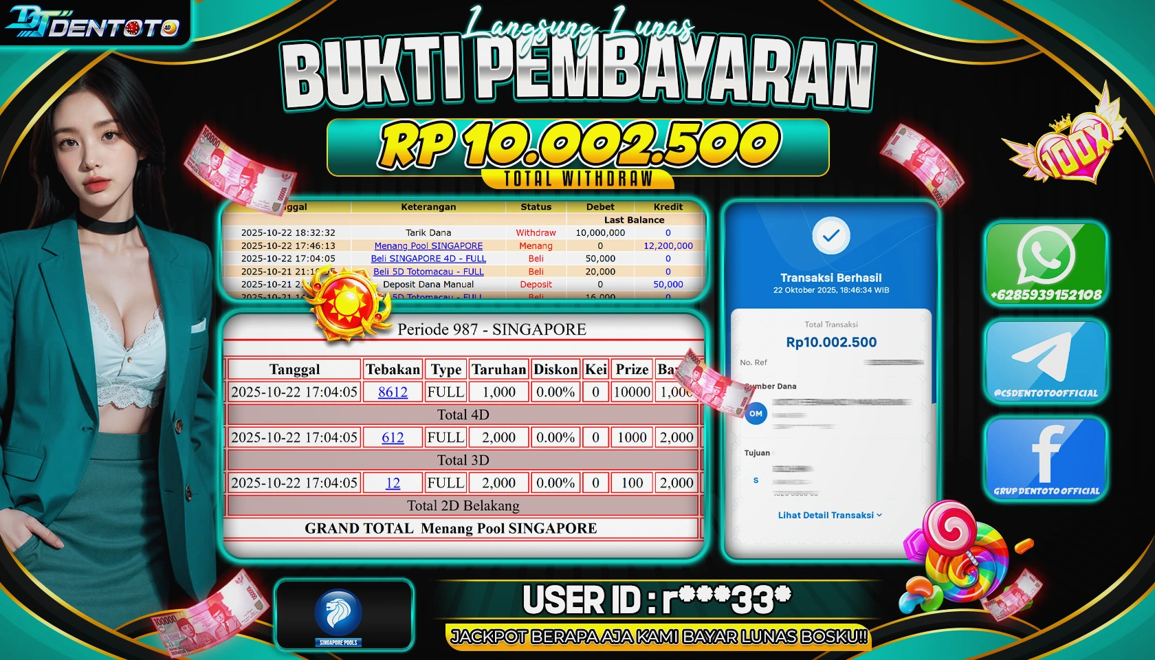 DENTOTO - TOGEL POOLS  - SINGAPORE POOLS - RP 10.000.000 - LUNAS