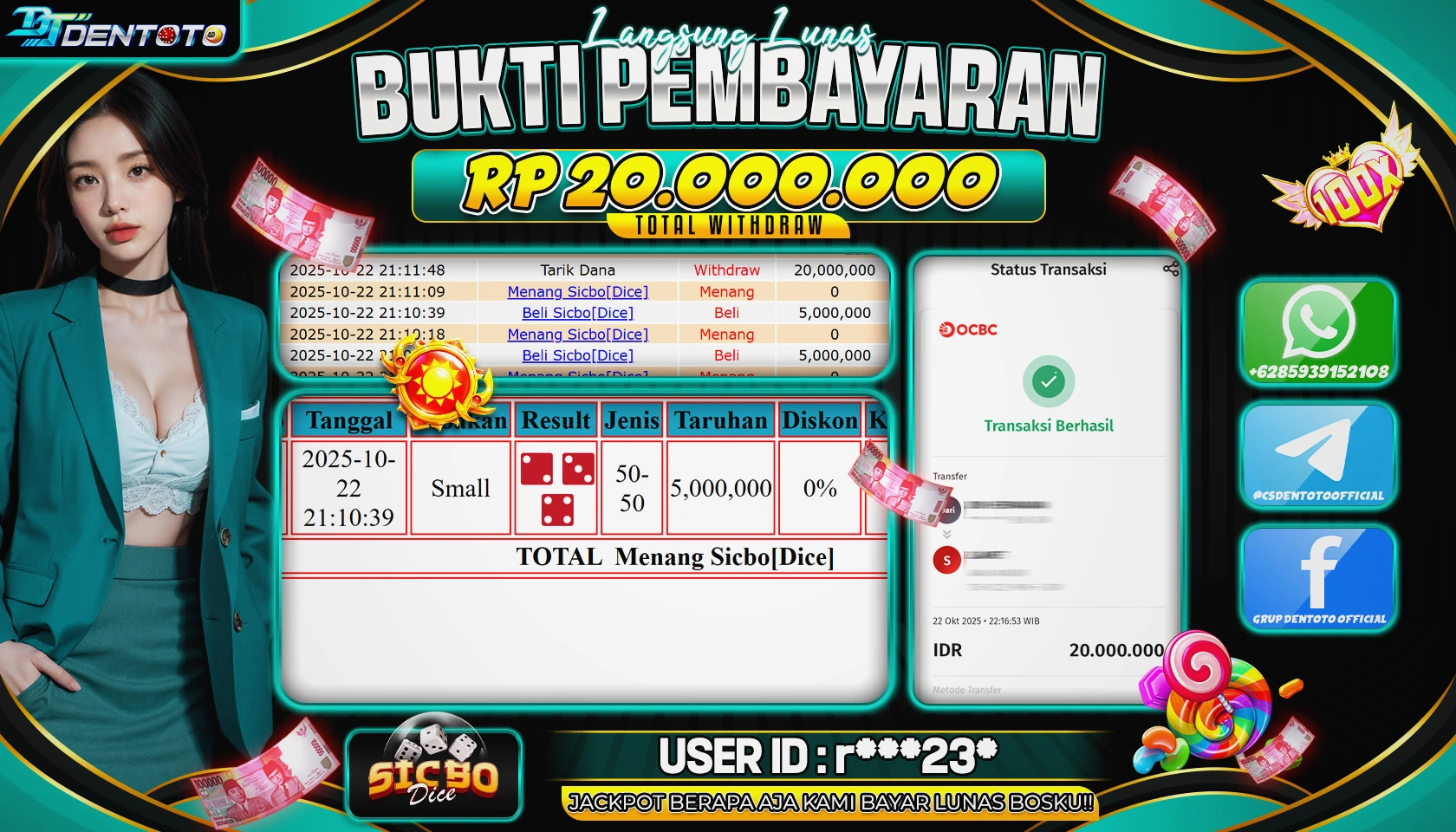 DENTOTO - LIVE GAMES  - SICBO DICE - RP 20.000.000 - LUNAS