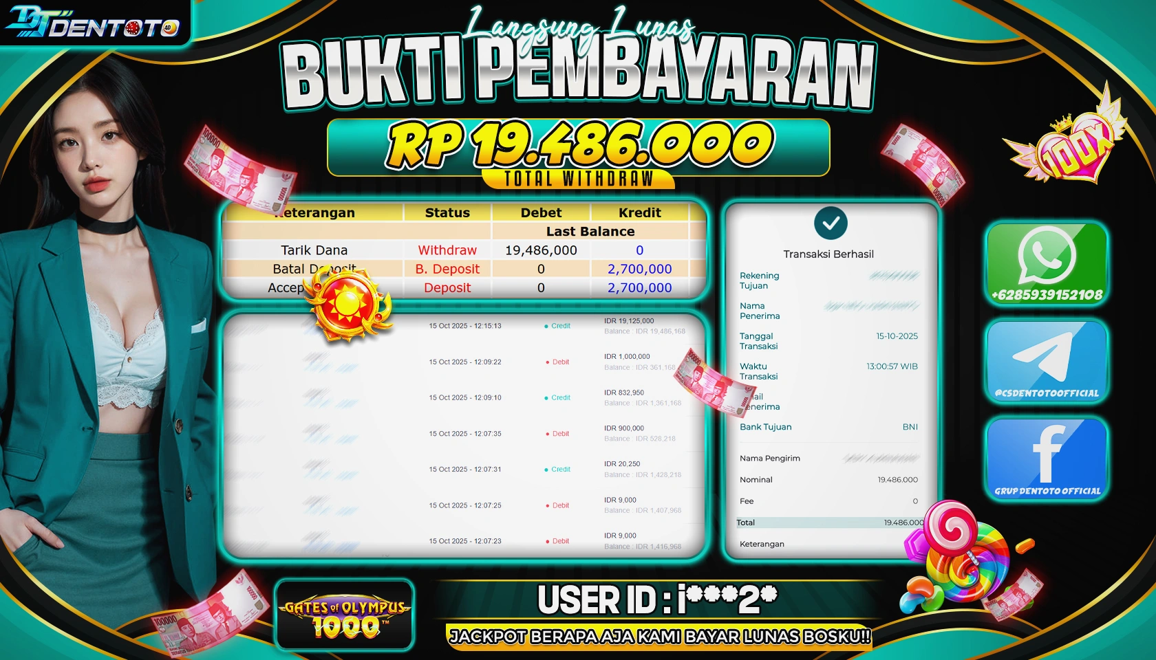 DENTOTO - PRAGMATIC PLAY - GATES OF OLYMPUS 1000 - RP 19.486.000 - LUNAS