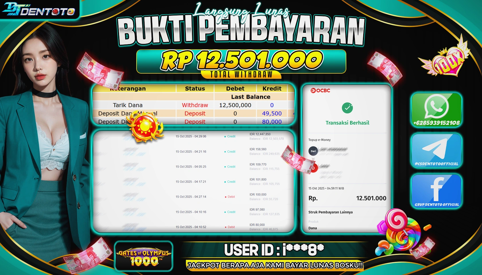 DENTOTO - PRAGMATIC PLAY - GATES OF OLYMPUS 1000 - RP 12.500.000 - LUNAS